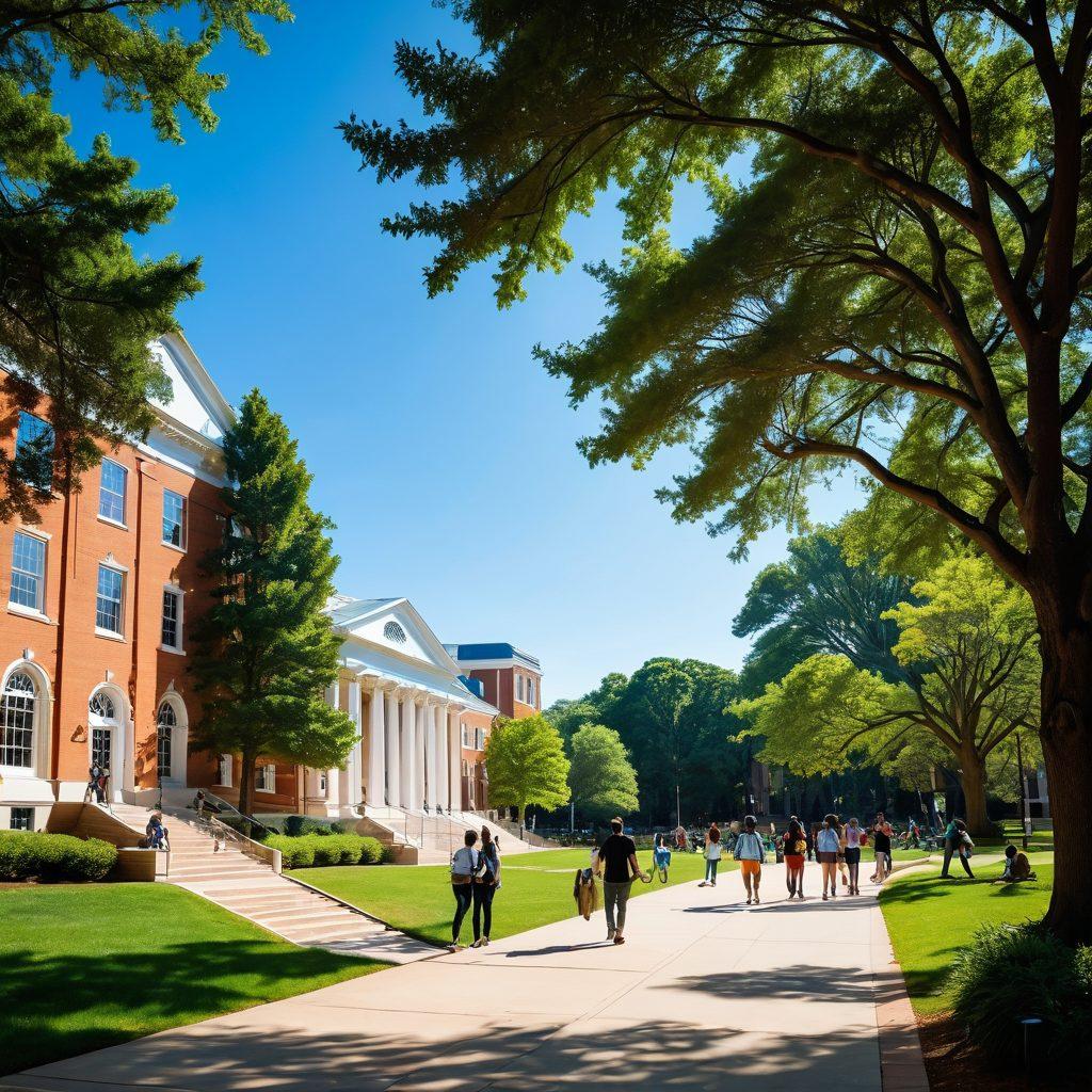 A vibrant campus scene at UVA, featuring diverse students engaged in various exciting career activities, such as networking, attending workshops, and exploring job options. The backdrop showcases iconic university architecture and lush greenery, symbolizing growth and opportunity. Bright blue skies and sunlight create an uplifting atmosphere, emphasizing a positive future. super-realistic. vibrant colors. white background.