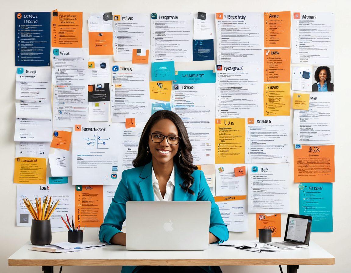 A dynamic collage featuring a confident individual crafting their resume, surrounded by job listings pinned on a vibrant bulletin board, with networking silhouettes engaging in conversation. Incorporate elements like a laptop displaying UVA's logo, success symbols like a rising graph and briefcase, and a bright, optimistic color palette. super-realistic. vibrant colors. white background.