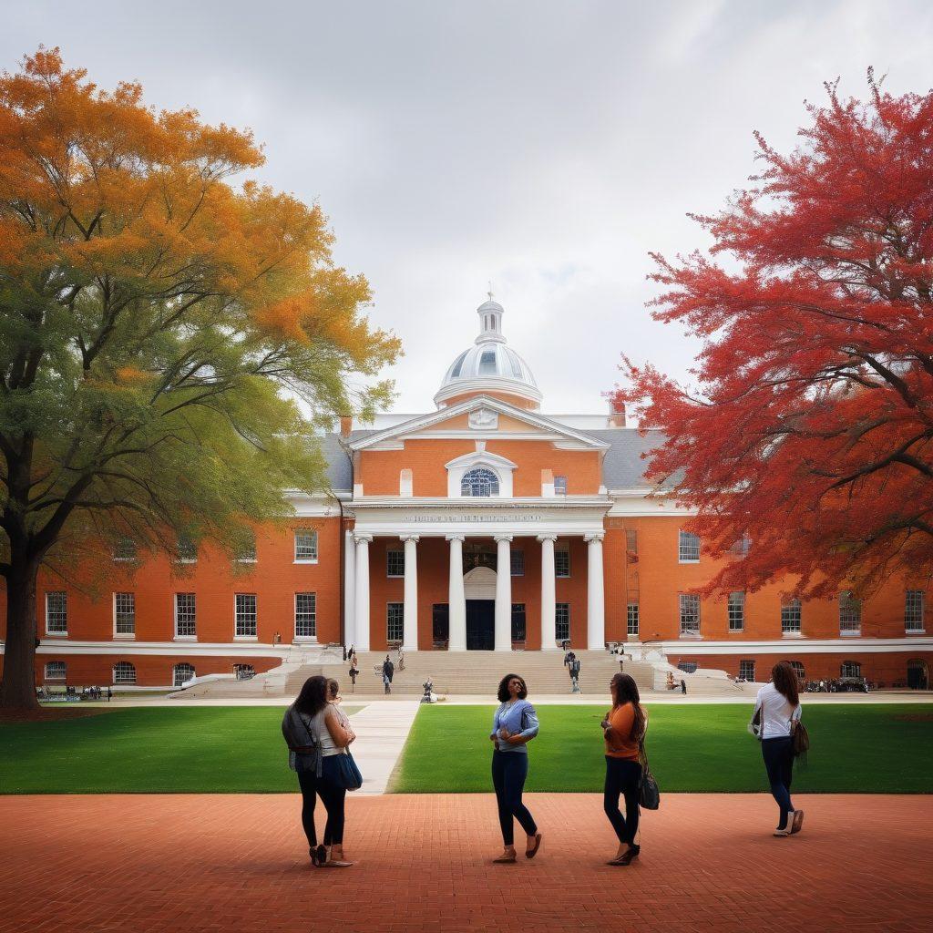 A diverse group of enthusiastic university students engaged in real-world work experiences, showcasing a blend of internships, networking, and professional growth. The backdrop features iconic UVA architecture, symbolizing the university environment. Include elements like resumes, laptops, and friendly interactions to represent the transition from internships to full-time roles. Bright, hopeful colors to evoke a sense of opportunity and achievement. super-realistic. vibrant colors. white background.
